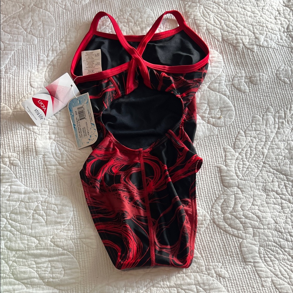 NWT Sporti Black and Red Swirl Swimsuit for girl size 22Y